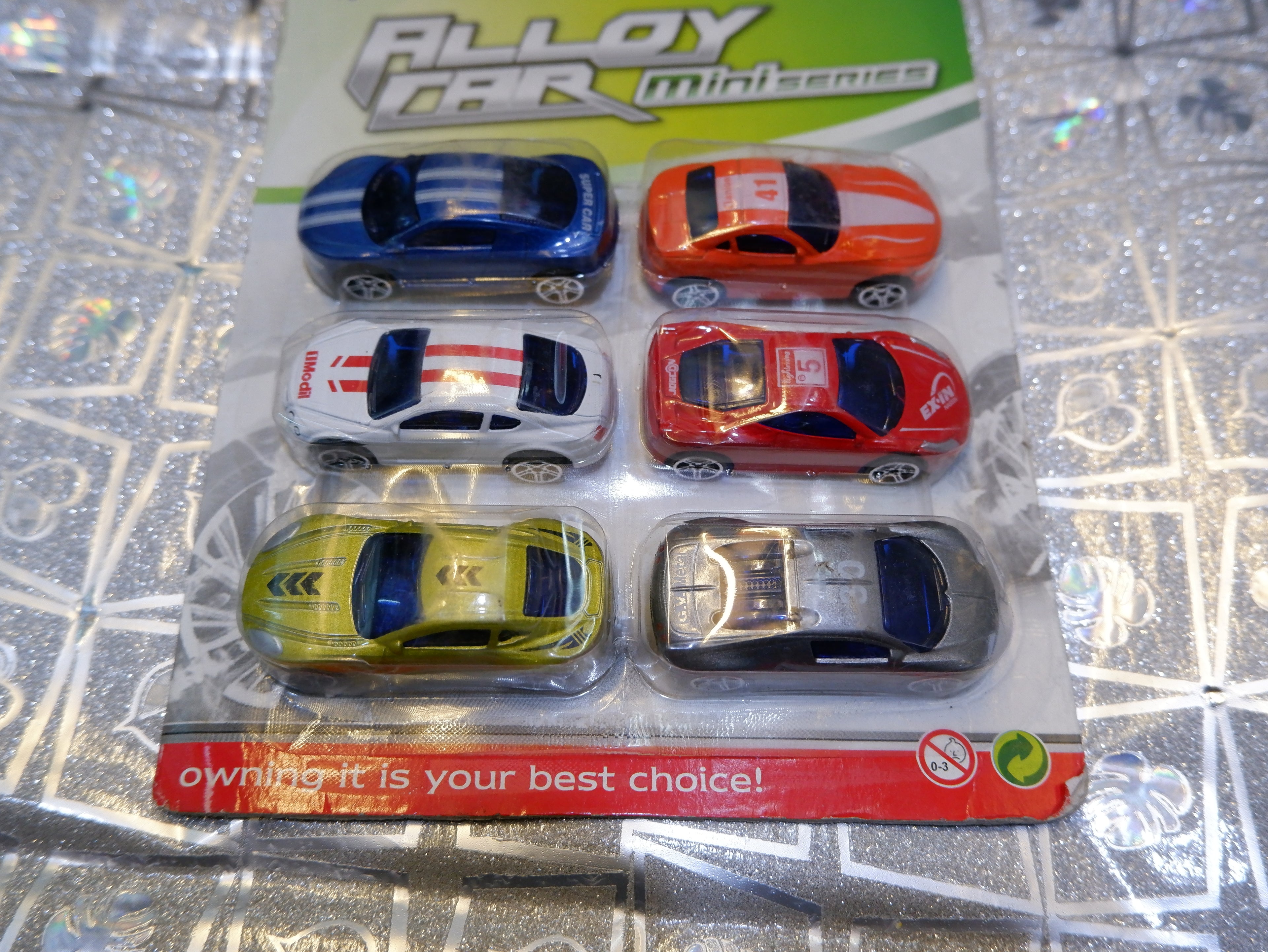 set of six die-cast alloy toy cars in a mini series package